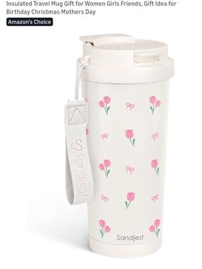 Floral Insulated Travel Mug - Cream with Pink Tulips